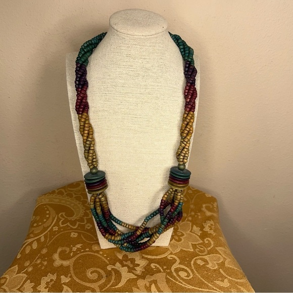 VINTAGE 80s CHUNKY BEADED NECKLACE PURPLE GREEN BOHO LAYERED - Picture 9 of 9